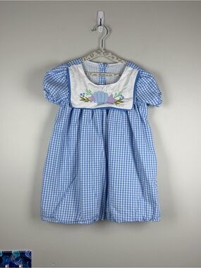 Honey Bean Blue White Gingham Seashell Embroidery Coastal Dress Beach Size 4